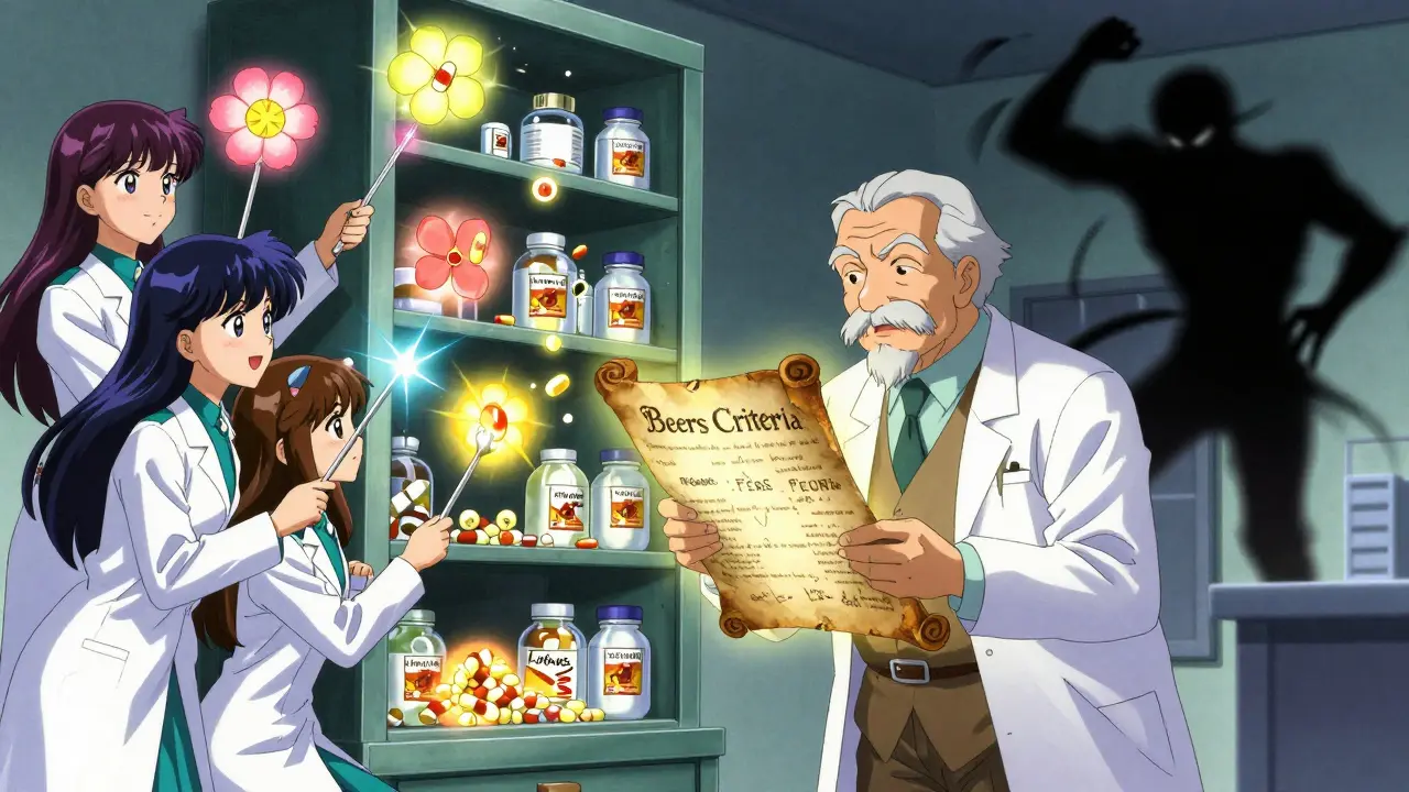 Magical pharmacists removing dangerous drugs from an elderly man's cabinet, replacing them with flowers.