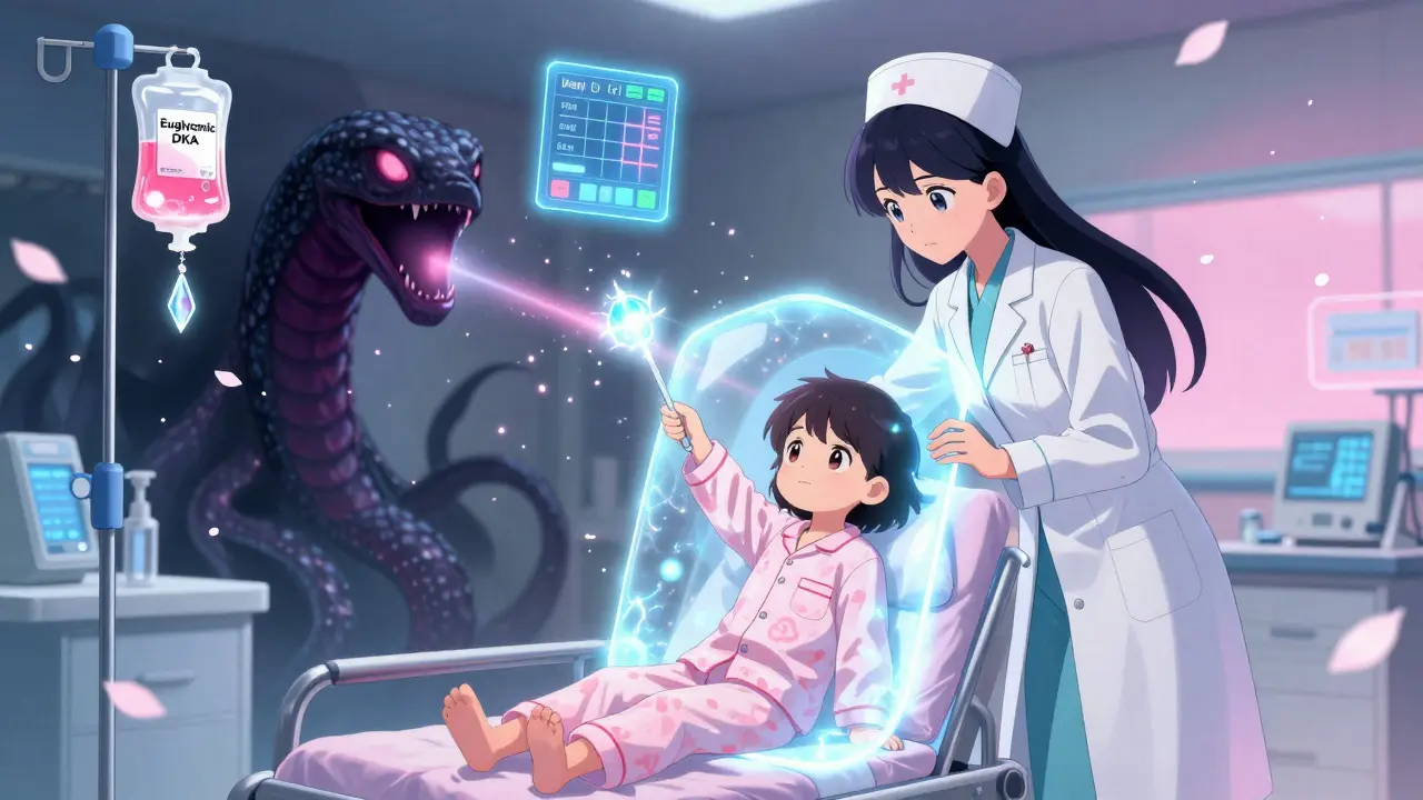 Nurse in magical gown battling acid shadow with beta-hydroxybutyrate wand in a glowing ER.