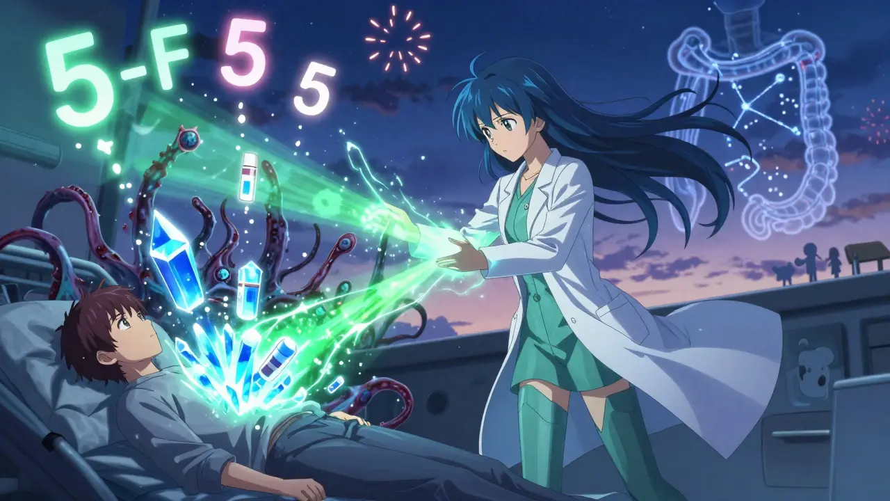 Oncologist channels chemotherapy energy as crystalline spirits battle cancer tendrils in a patient's body.