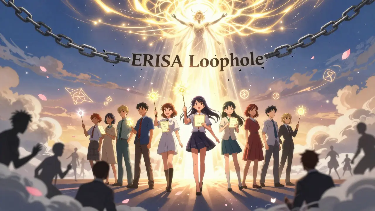 Patients unite with magical medical wands, shattering a chain labeled 'ERISA Loophole' under a celestial figure of the Safe Step Act.