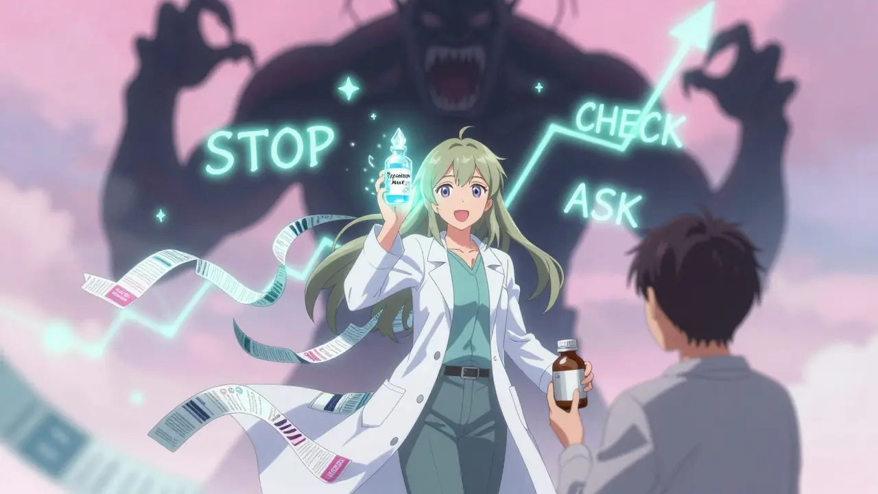 Pharmacist casting a protective spell against a rising blood pressure monster in magical style.