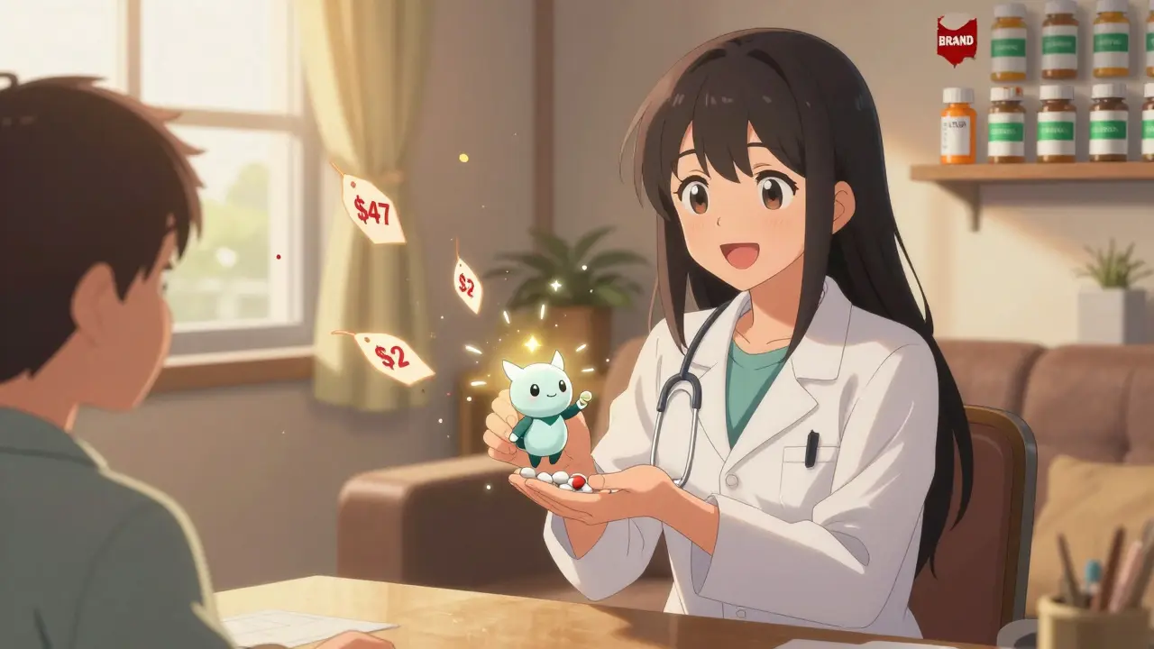 Pharmacist giving a magical generic pill that transforms into a tiny guardian beside a smiling patient.