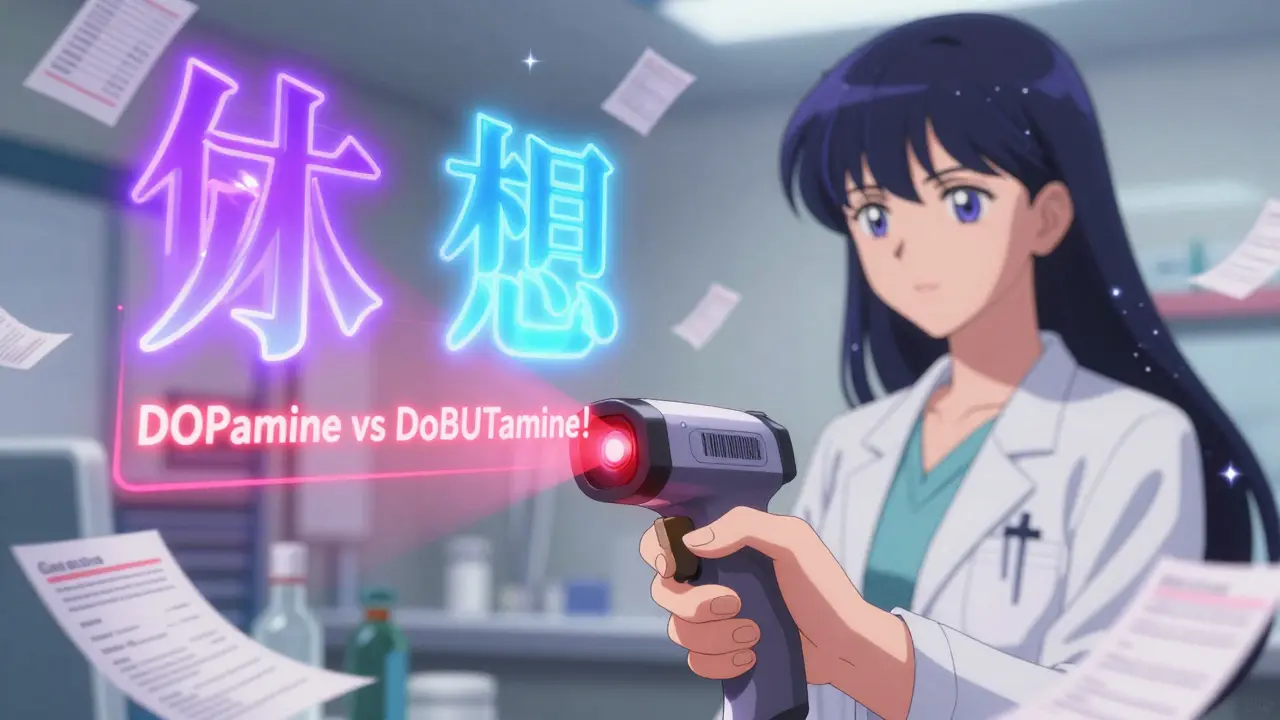 Pharmacist scans medication as holographic alert shows DOPamine and DoBUTamine in neon letters, magical aura surrounds.