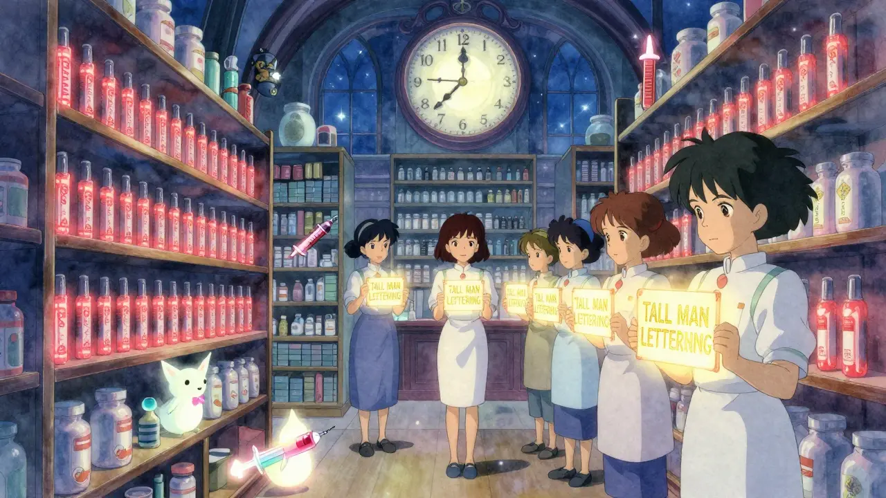 Pharmacy shelves glow with red borders and floating labels, staff bow as insulin pens are safely separated at night.