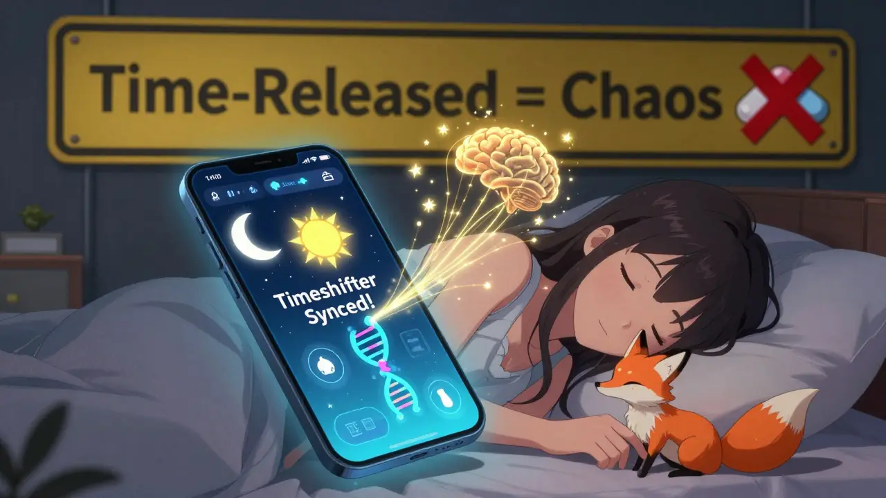 Sleeping traveler's pillow floats with a glowing Timeshifter app and DNA stars, guided by a magical fox.