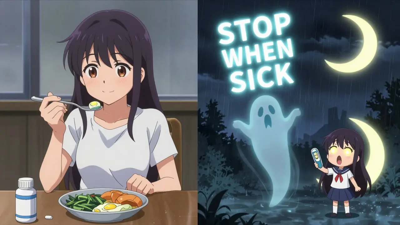 Split scene: patient eating peacefully vs. same scene with ghostly ketones and warning sign.