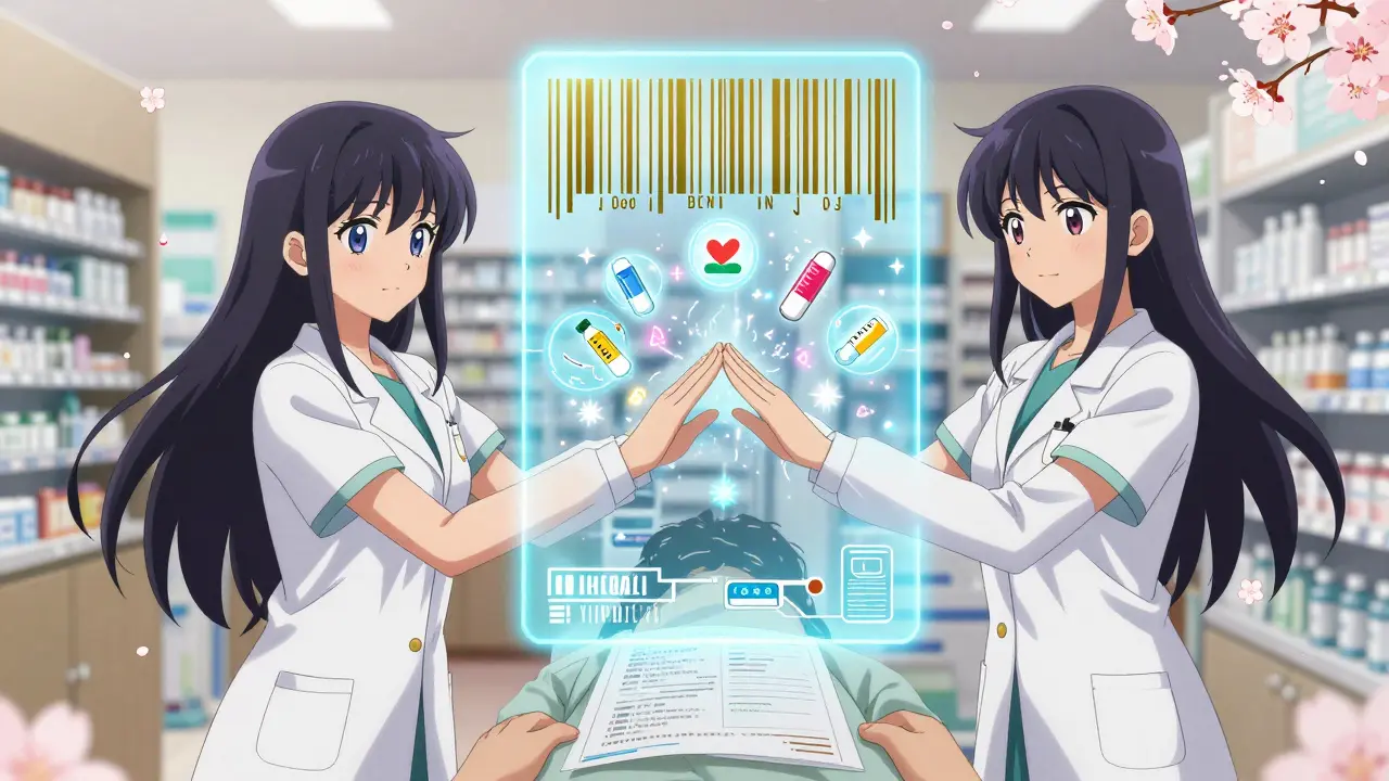 Technician and pharmacist use a barcode scanner to neutralize dangerous drug interaction icons.