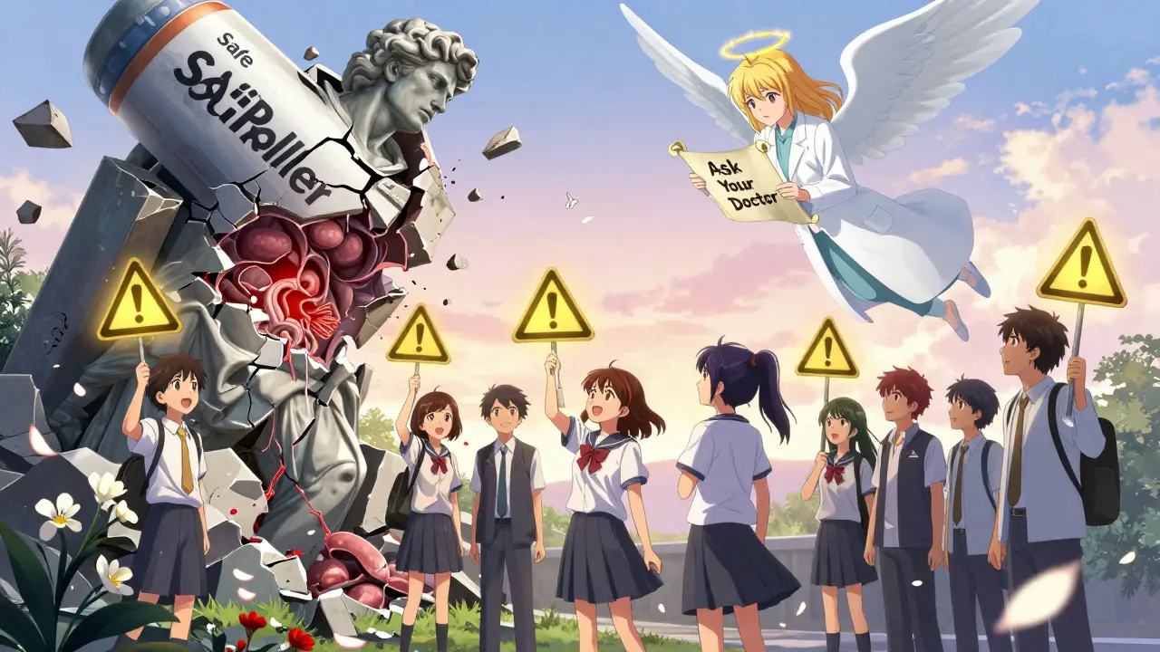 Teens holding warning signs as a statue of unsafe painkiller crumbles