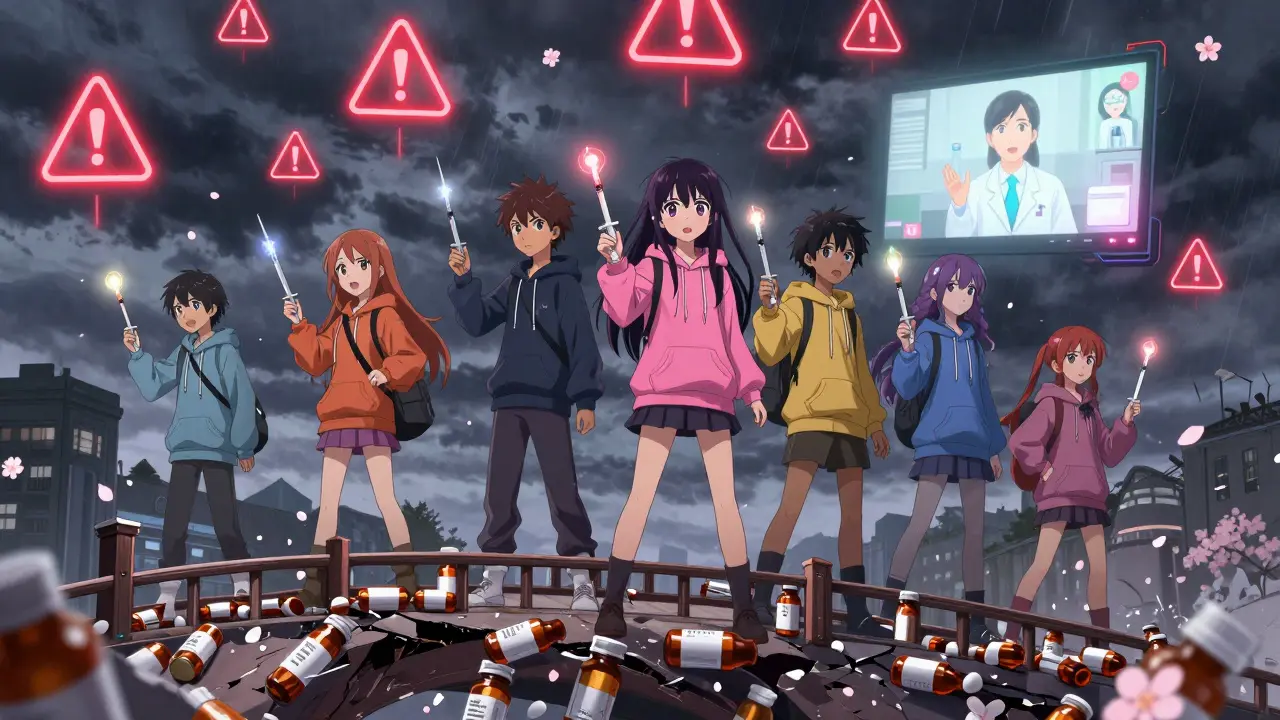 Teens with glowing naloxone syringes on a bridge of prescription bottles under a stormy sky.