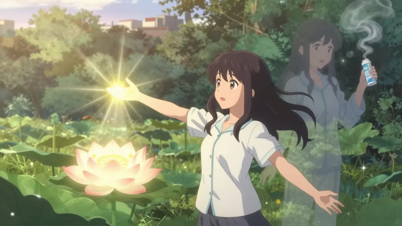 Traveler receives morning sunlight from a blooming light box in Tokyo, fading past self dissolving nearby.