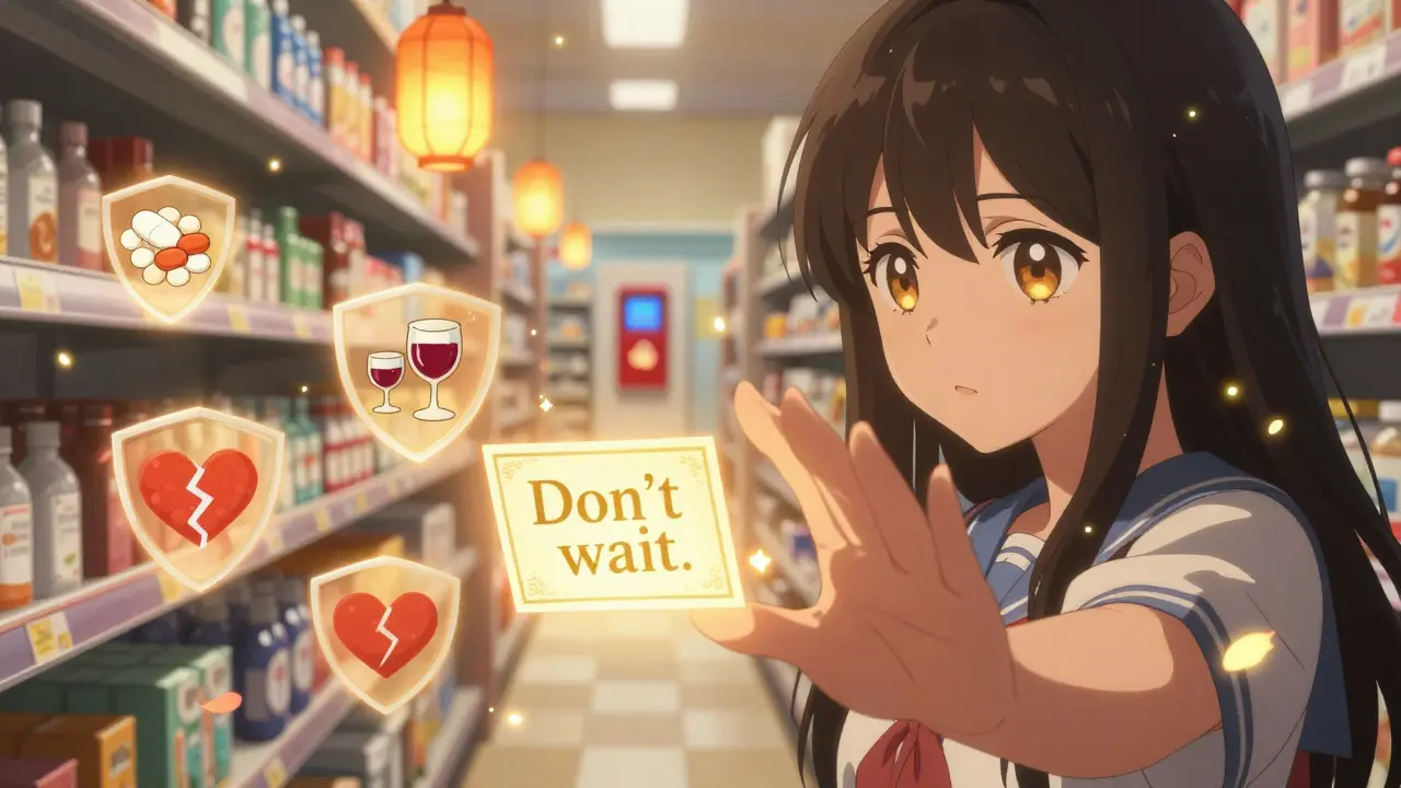 Young woman reaches for a glowing overdose awareness card in a lit pharmacy.