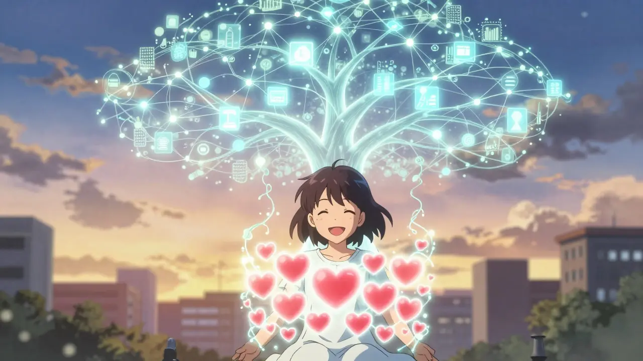 A child is surrounded by shimmering heart-shaped data vines connecting to a network tree, representing real-world safety monitoring.