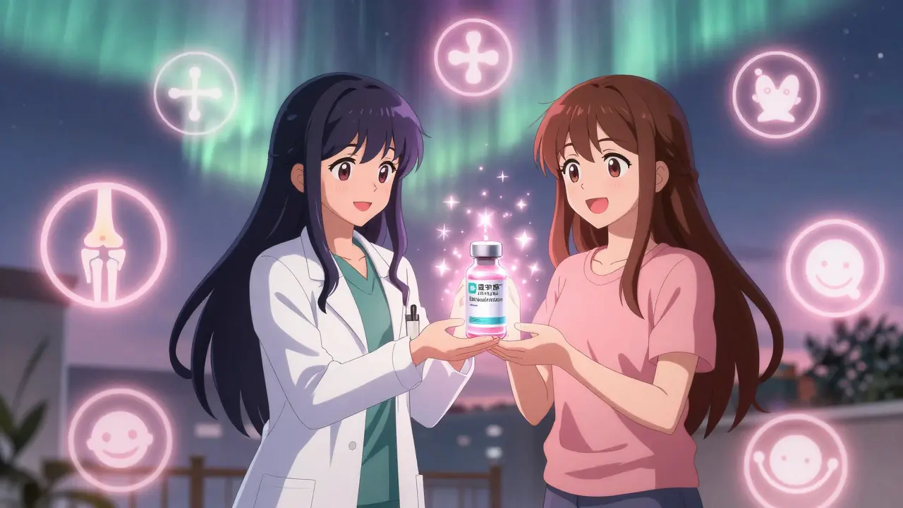 A doctor and patient stand together as a biologic transforms into a biosimilar, surrounded by healing symbols and soft light.