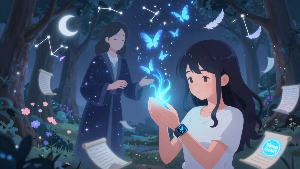 A girl with a glowing Apple Watch watches nightmares turn into butterflies as a starry therapist guides her in VR.