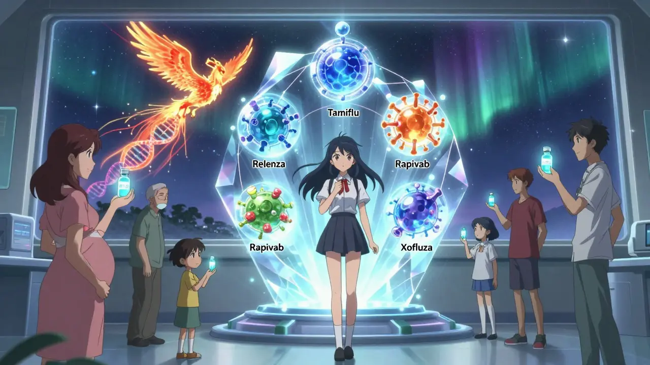 A magical girl activates four antiviral talismans while a universal vaccine rises as a phoenix in the night sky.
