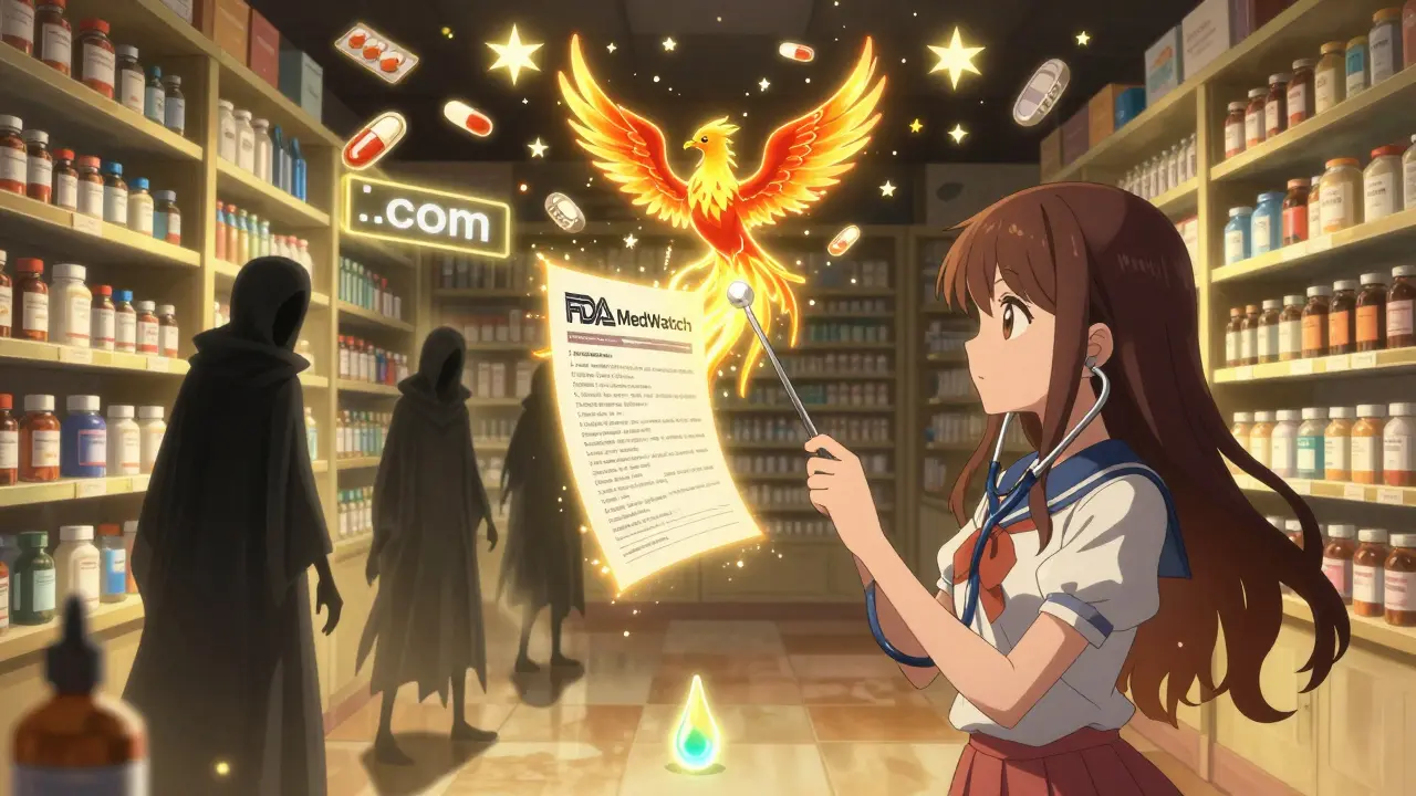 A magical girl battles counterfeit drug sellers in a glowing pharmacy, using a stethoscope wand to summon verified safety seals.