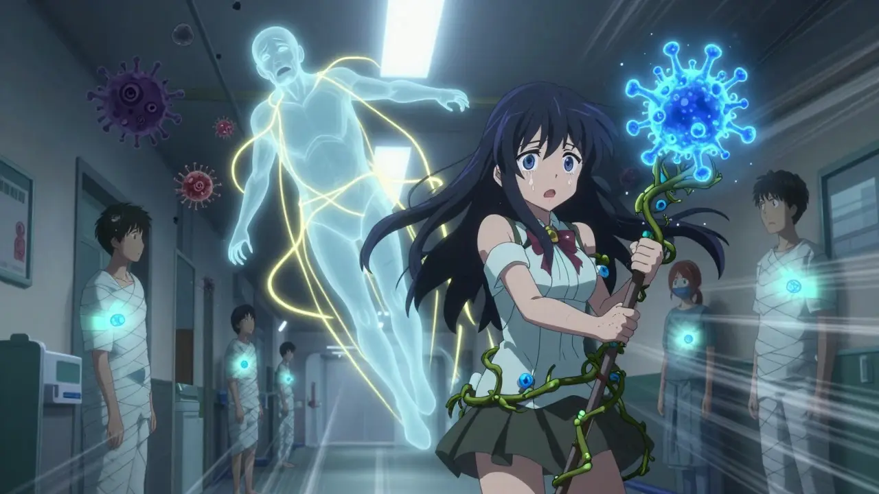 A magical girl heals sick patients in a hospital using an antiviral staff as shadowy bacteria dissolve around her.