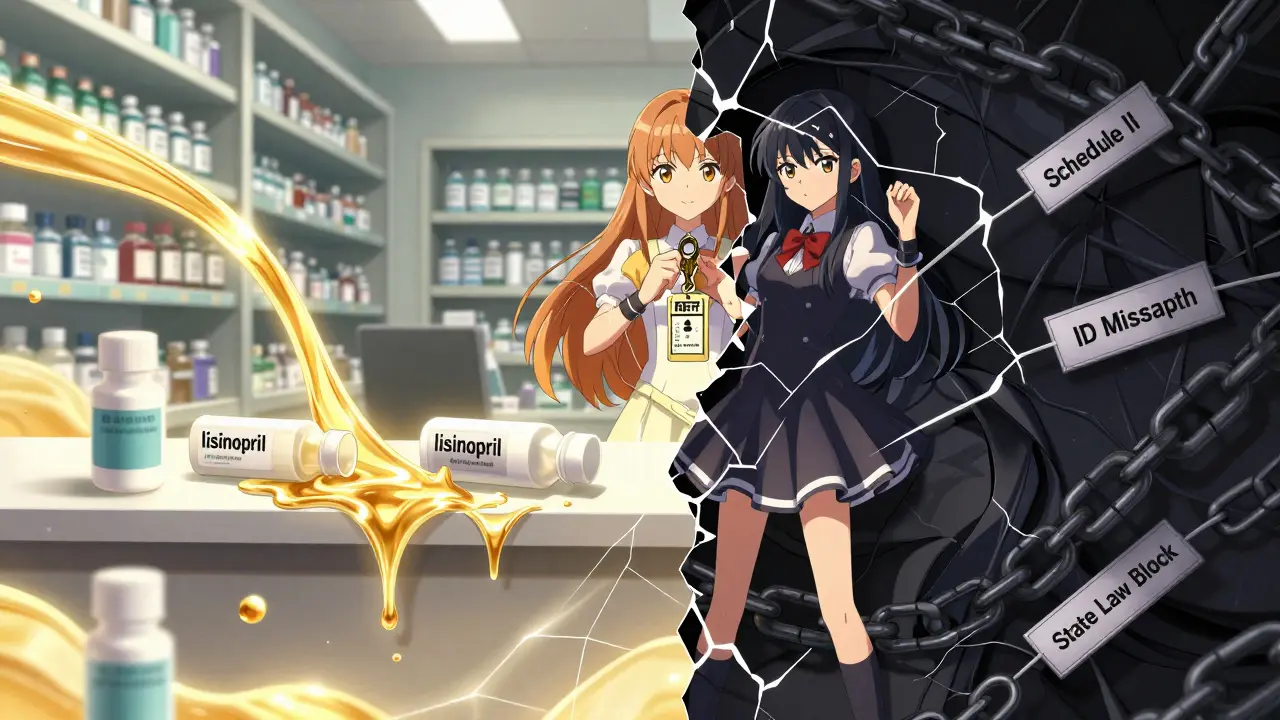 A magical girl stands between glowing generic meds and tangled controlled substance barriers, holding a DEA registration key.