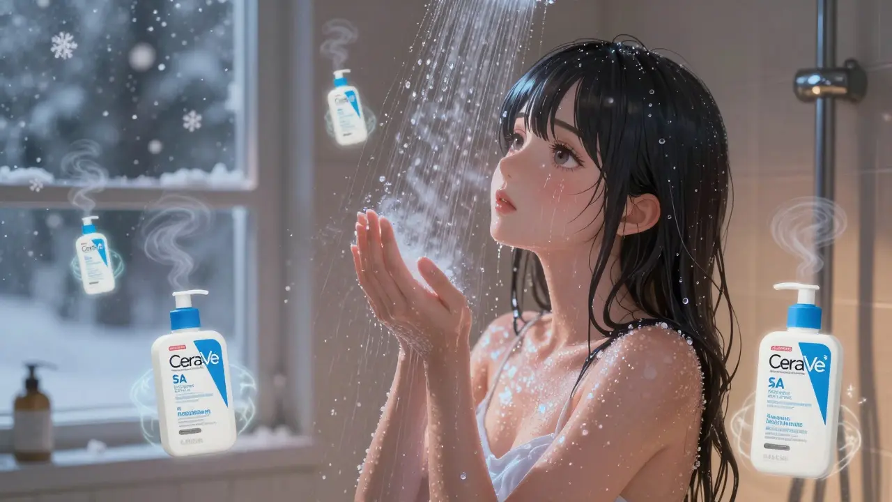 A magical transformation under a warm shower as keratin bumps dissolve into smooth, glowing skin.