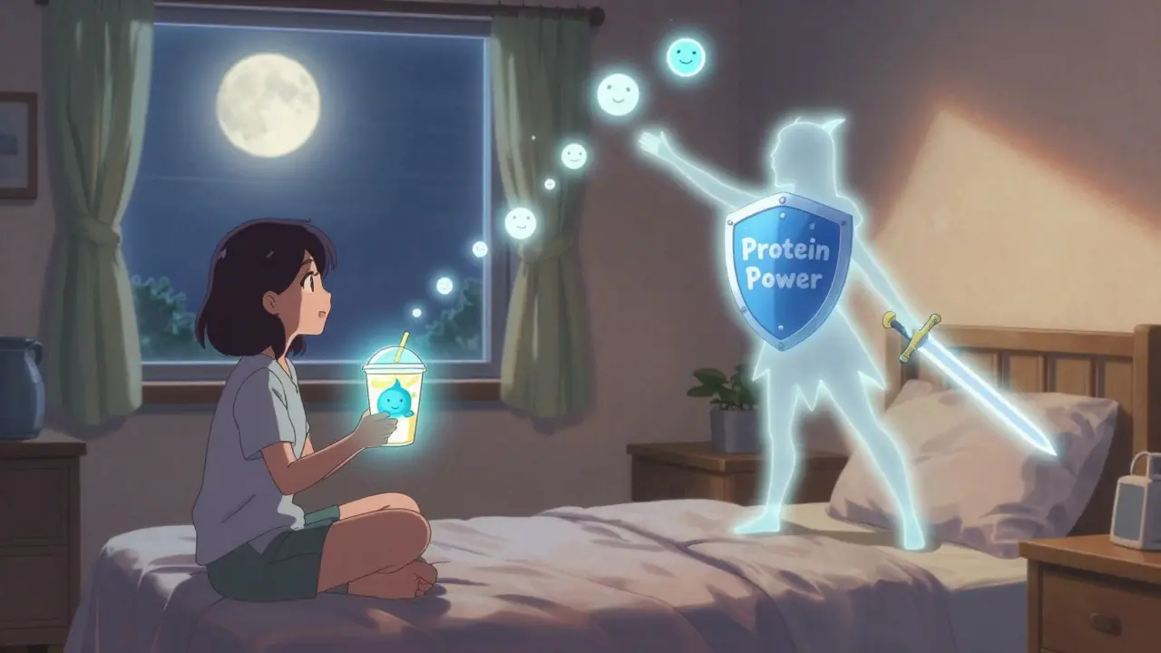 A patient holds a glowing protein shake while her shadow becomes a warrior with a shield labeled 'Protein Power.'