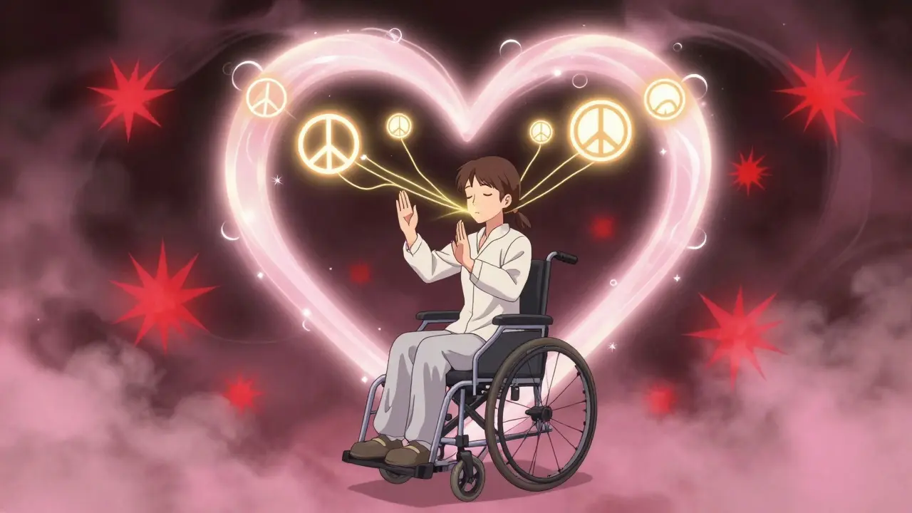 A person in a wheelchair performs seated tai chi, with a glowing heart aura dissolving pain spikes into soft mist.