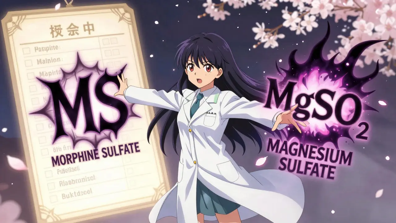 A pharmacist casts a spell to separate the confusing 'MS' and 'MgSO4' abbreviations into their correct full names.