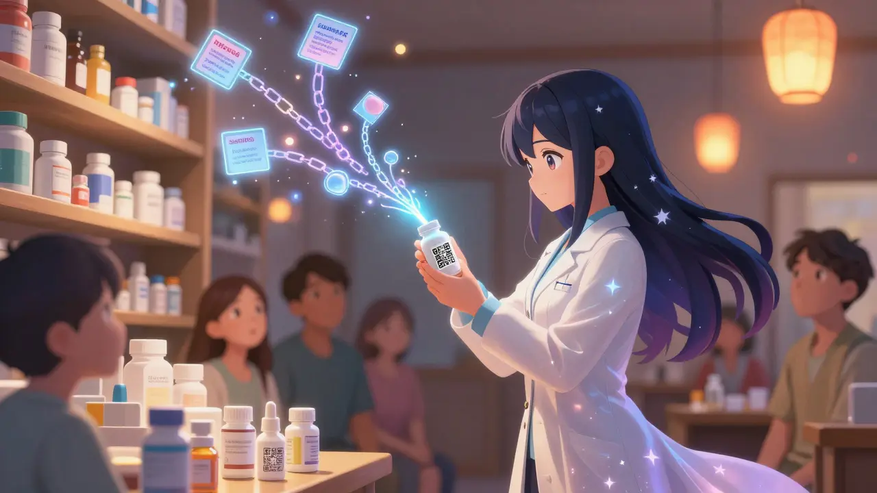 A pharmacist uses a glowing wand to scan a QR code, releasing enchanted safety warnings above medicine shelves.