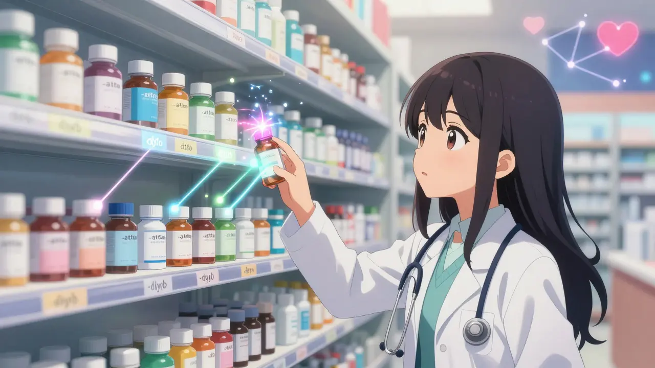 A pharmacy shelf glows with biosimilars marked by magical suffixes, linked to their original drugs by sparkling threads.