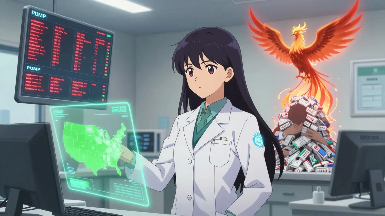 A telemedicine provider faces holographic PDMP warnings, with a patient's shadow rising as a phoenix from rejected prescriptions.