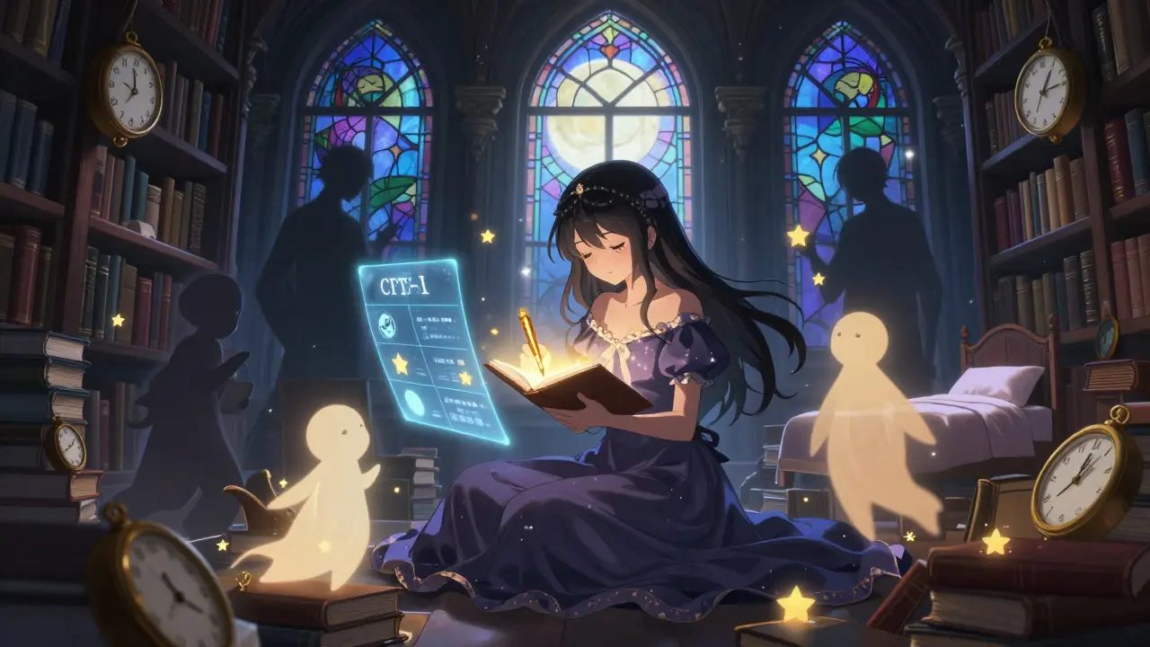 A warrior girl rewrites her nightmare in a magical library, turning trauma into gentle spirits with glowing words.