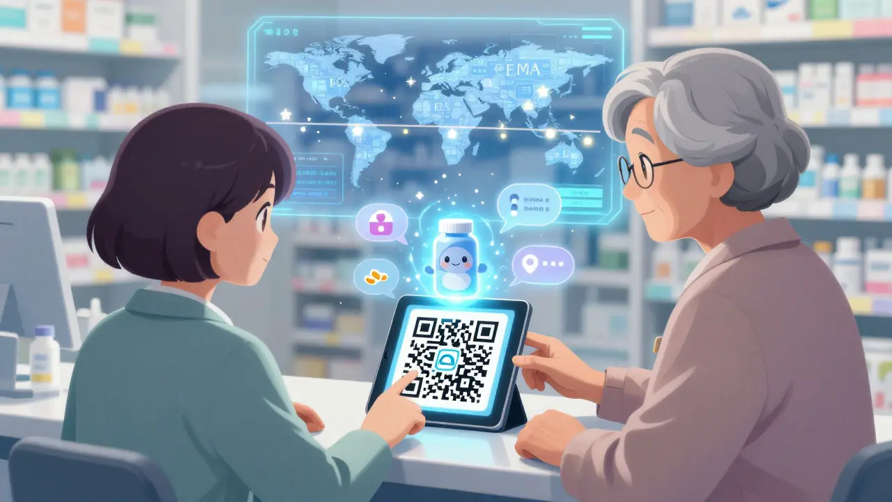 An elderly patient interacts with a friendly digital spirit emerging from a QR code, explaining medication steps.
