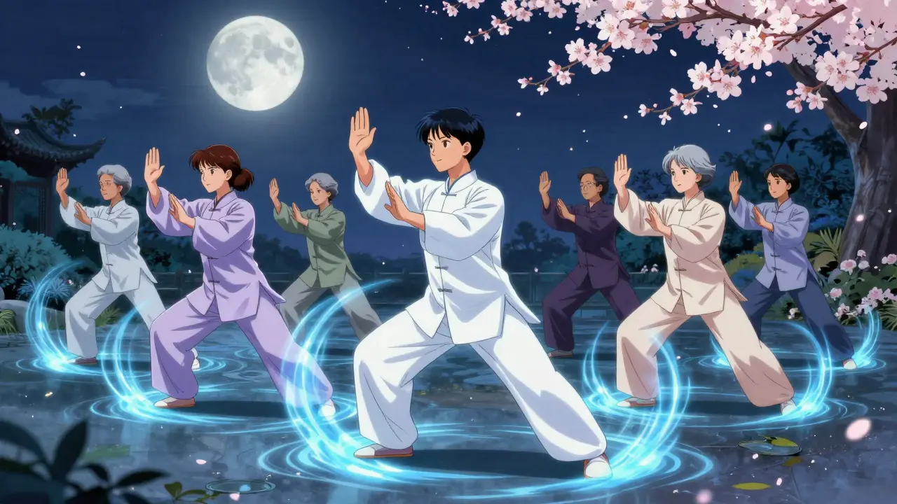 Diverse older adults practice tai chi in a moonlit garden, leaving shimmering energy waves as they move.