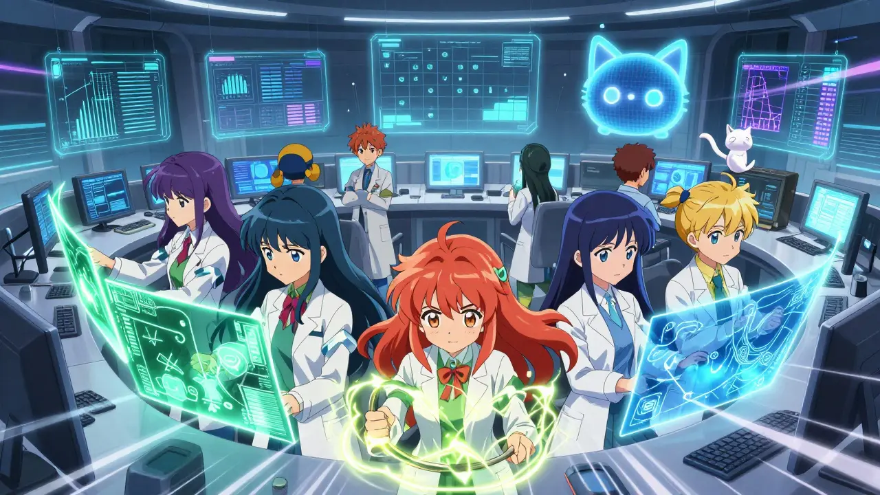 Diverse researchers analyze holographic symptom patterns with an AI cat companion, detecting hidden side effects in children.