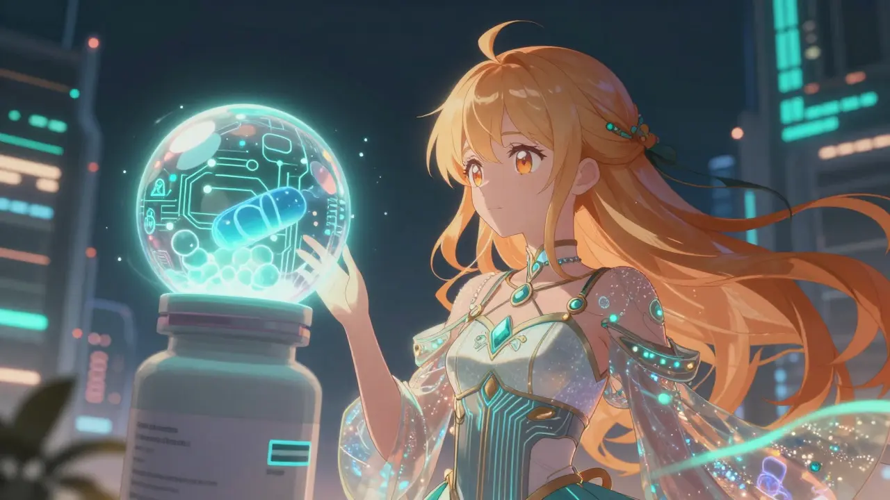 Magical girl interacting with smart pill bottle emitting AI data streams