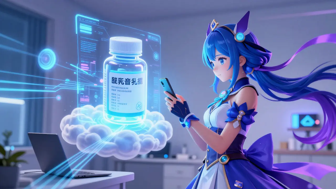 Magical girl scanning pill bottle with holographic details and connected devices