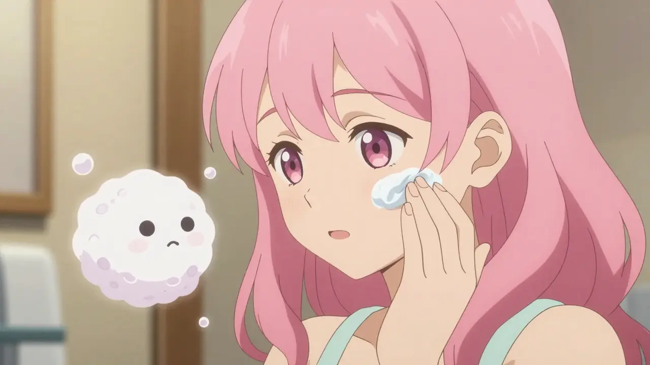 Magical girl treating oral thrush with antifungal cream in bathroom.