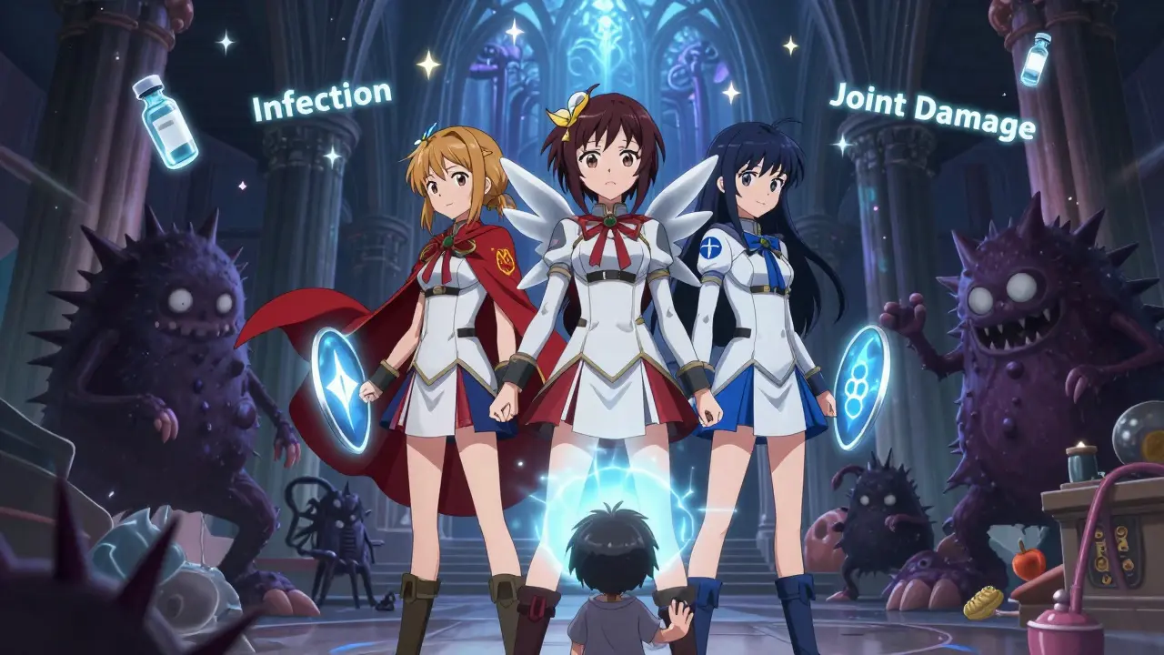 Three magical girls with immune system symbols shielding a child from dark infection monsters.