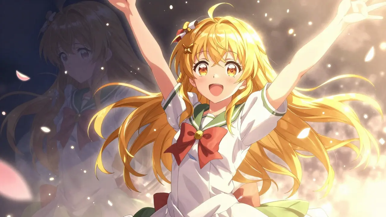 A girl smiles fully recovered, one side of her face radiant with golden light as a fading shadow of paralysis disappears behind her.