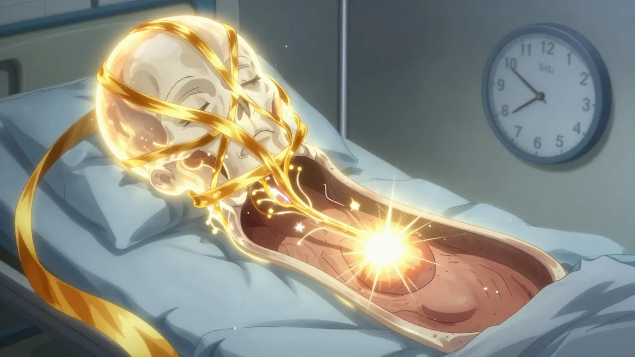 A glowing facial nerve shrinks swelling inside a bony tunnel, bathed in golden corticosteroid energy with a 24-hour clock nearby.