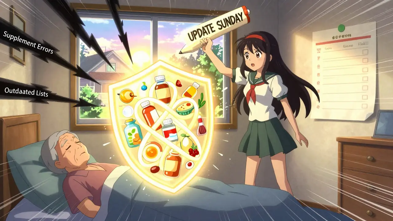 A magical girl defends a sleeping person with a shield made of pills and food icons, writing 'UPDATE SUNDAY' in the air as sunrise shines behind her.