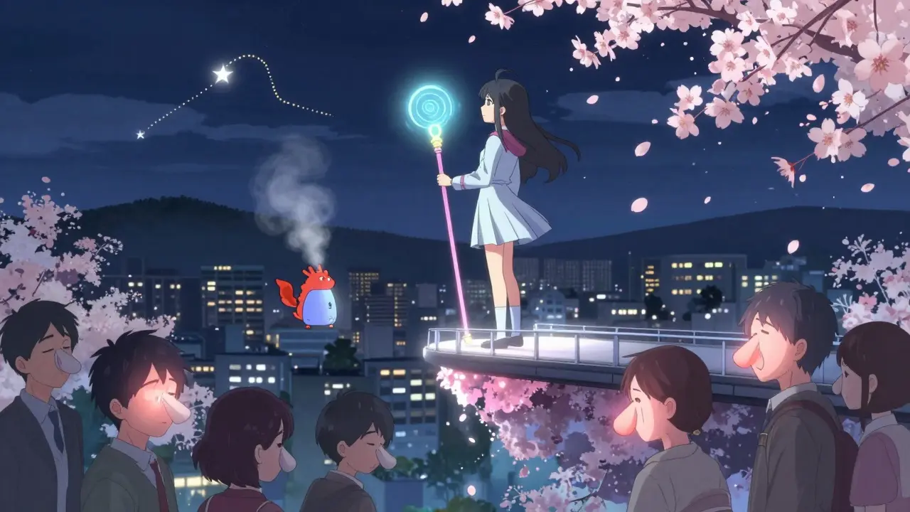 A magical girl healing people's sinuses with blooming blossoms as a humidifier dragon hovers nearby.
