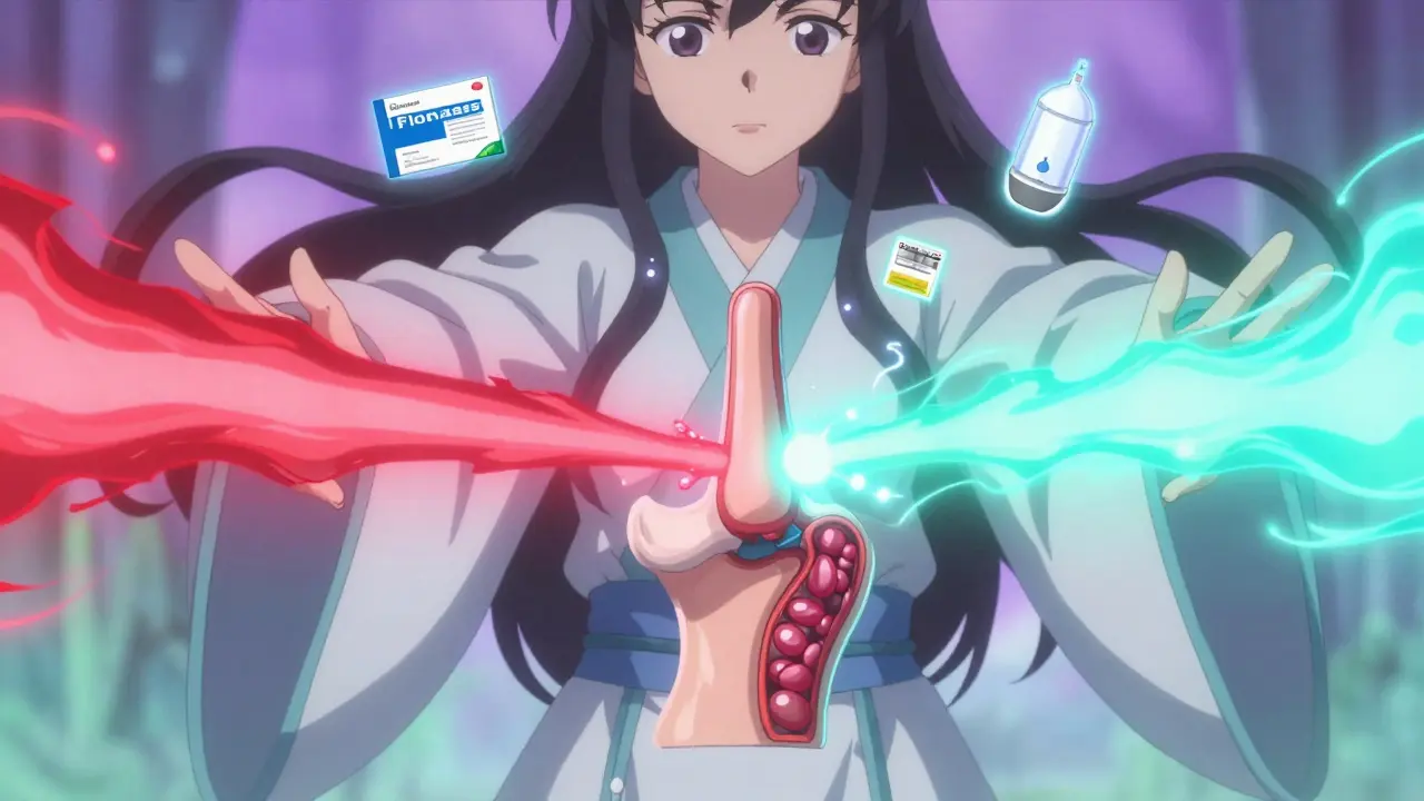 A magical girl using biologic energy beams to shrink nasal polyps in a floating sinus model.