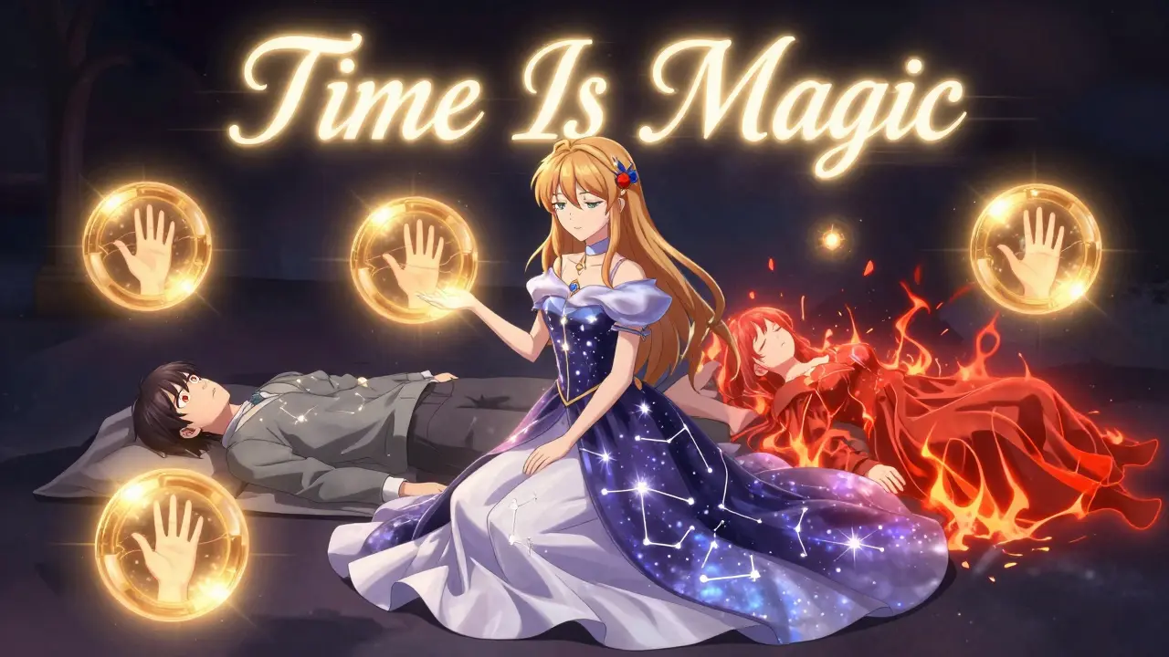 A magical heroine revives two overdosing victims—one with opioid signs, one with stimulant energy—while golden rescue orbs hover around them.