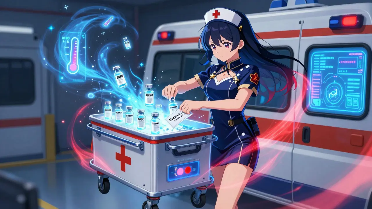 A paramedic rips open a glowing emergency cart in an ambulance as enchanted vials of medicine swirl with temperature alerts.