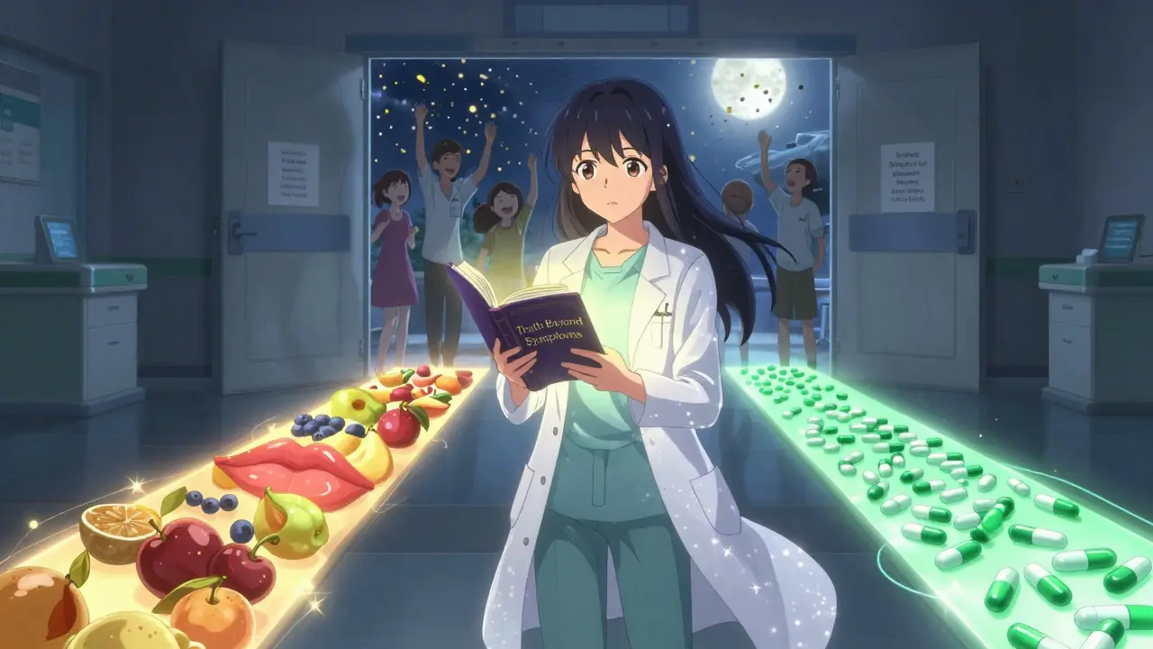 An allergist guiding glowing pathways that distinguish food from medication allergies with celestial light.