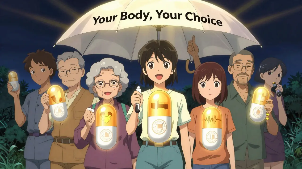 Diverse patients hold personalized pill capsules with medical symbols, under an umbrella labeled 'Your Body, Your Choice.'