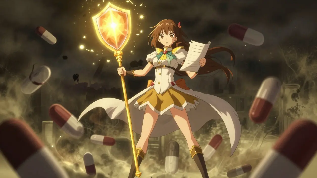 Empowered girl holding shield against shadowy threats.