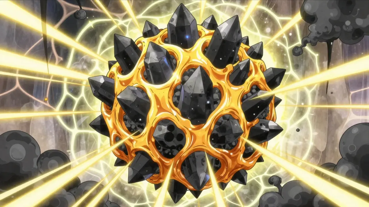 Golden syrup shield trapping dark smoke crystals in a magical circle.