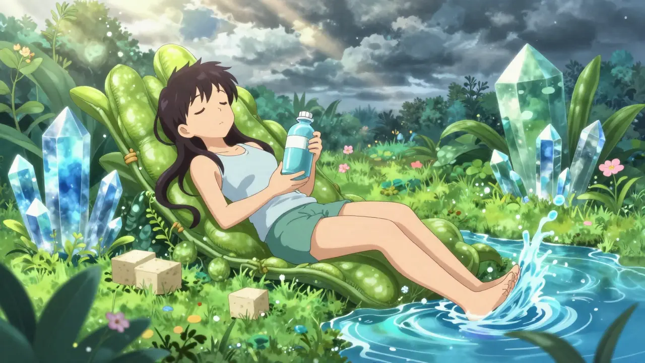 Heroine relaxing in a garden with water streams and healthy food.