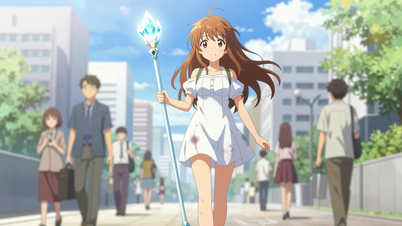 Heroine standing confidently in bright light with city view.